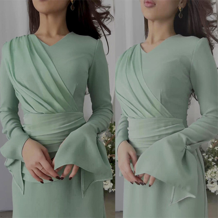 Women's Fashion Bodycon Round Neck Trumpet Sleeves Casual Pleated Elegant High Waist Dress