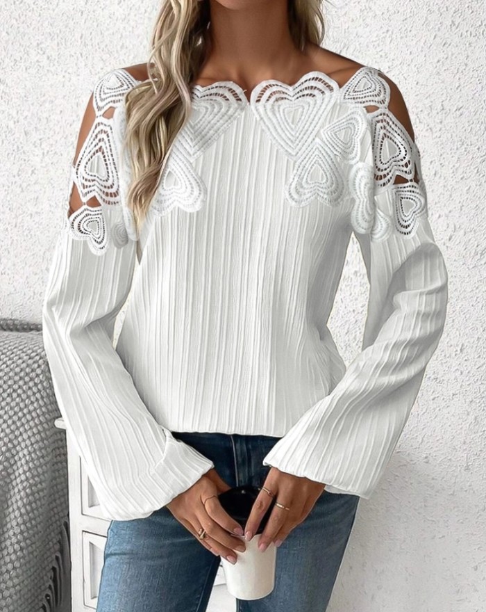Fashion Heart Pattern Lace Casual Off-shoulder Solid Color Long Sleeve Top