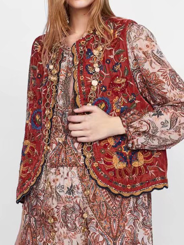 Vintage Sequins Velvet Vest Fashion Floral Embroidery Sleeveless Jacket Casual Loose National  WaistCoat Tops