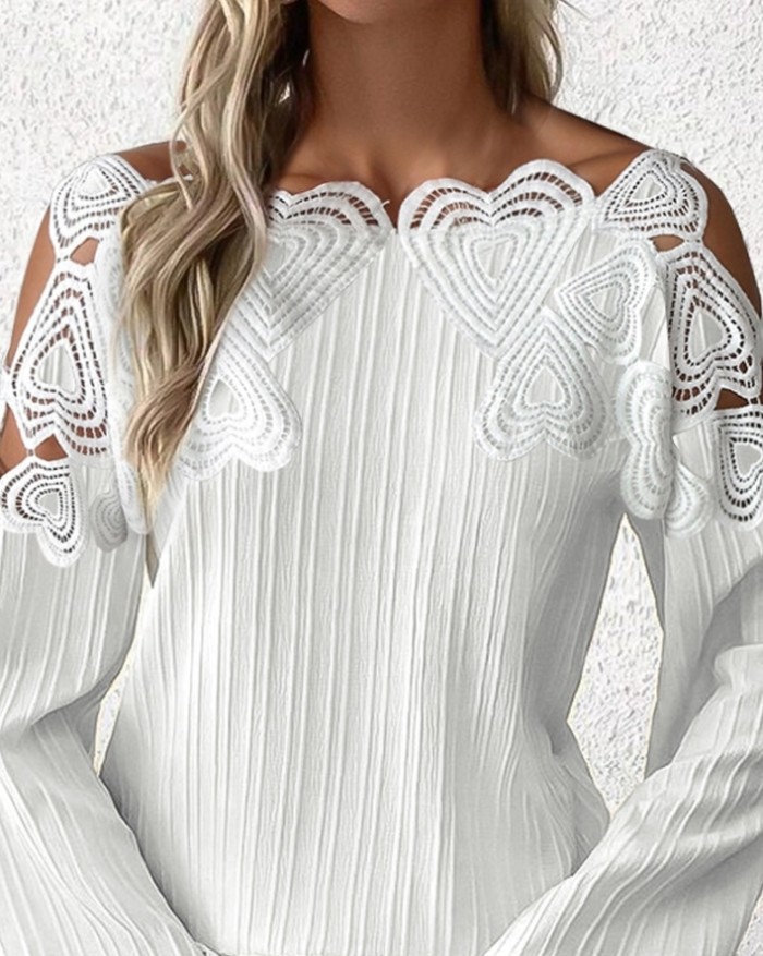Fashion Heart Pattern Lace Casual Off-shoulder Solid Color Long Sleeve Top