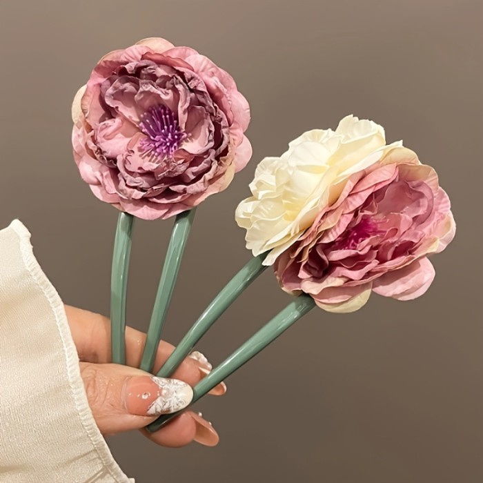 1pc Vintage Style U-Shaped Hairpin For Women, Floral Hair Clip, Traditional Artificial Dried Flower Hair Accessory For Elegant Updos