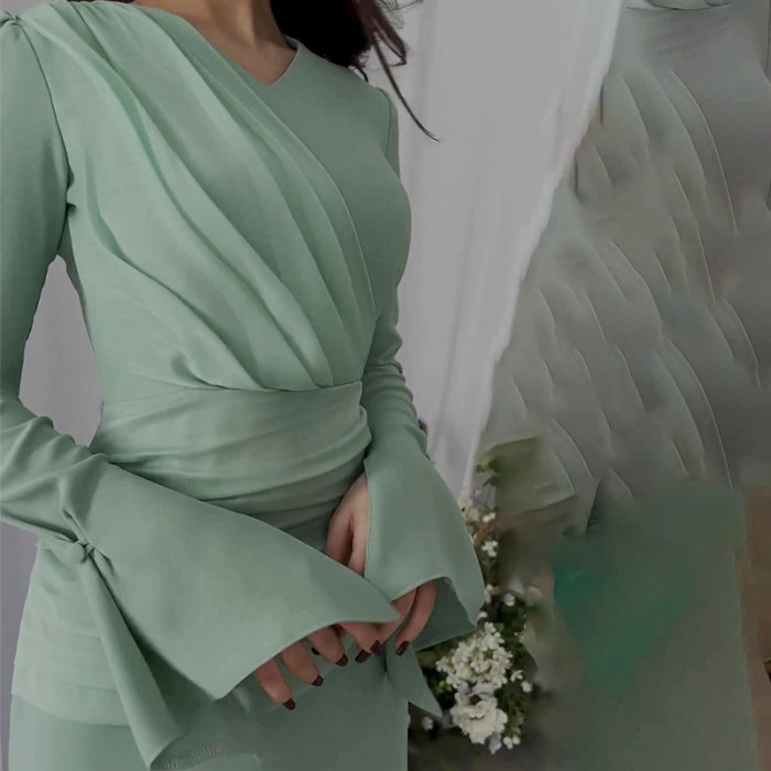 Women's Fashion Bodycon Round Neck Trumpet Sleeves Casual Pleated Elegant High Waist Dress