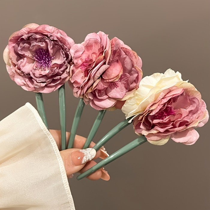 1pc Vintage Style U-Shaped Hairpin For Women, Floral Hair Clip, Traditional Artificial Dried Flower Hair Accessory For Elegant Updos