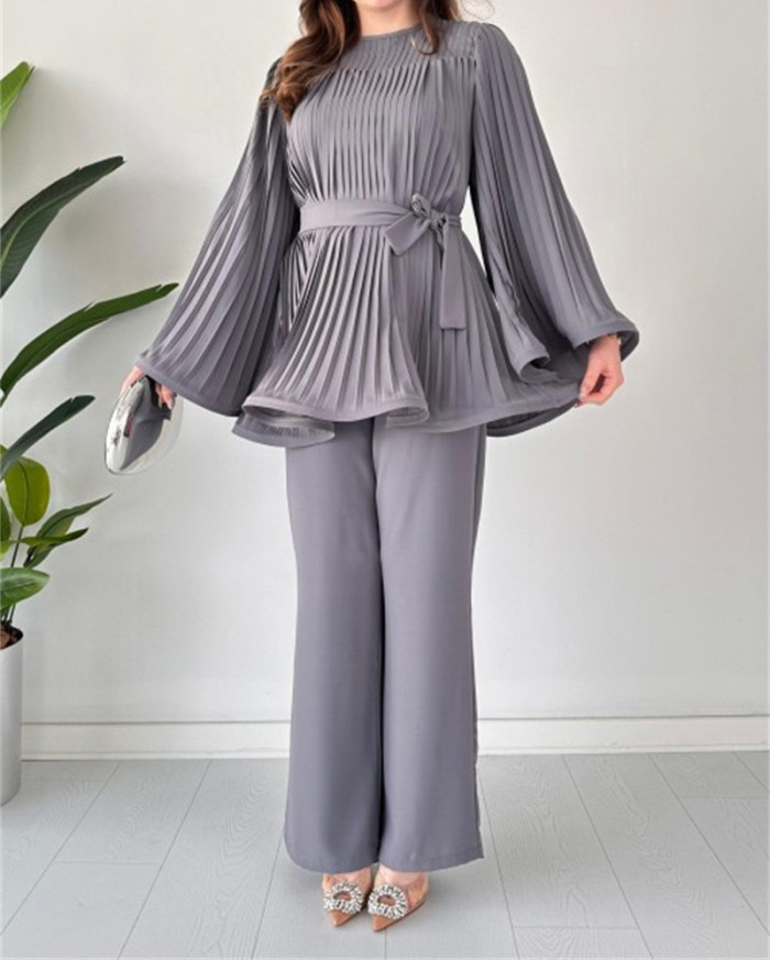 Elegant Pants Set Women Pleated Flare Sleeve Top Trousers Two Piece Set