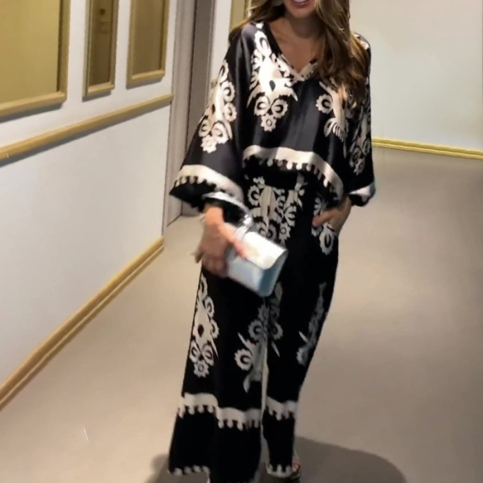 Print Wide Leg Pant Sets Loose Casual Elegant Splice Oblique Shoulder Tops Long Pants