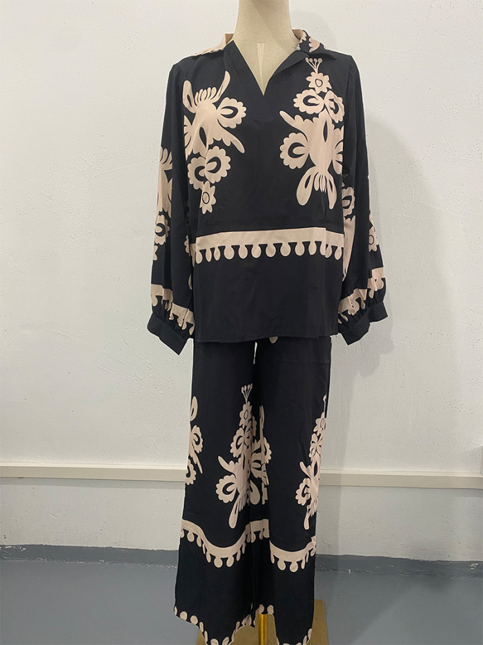 Print Wide Leg Pant Sets Loose Casual Elegant Splice Oblique Shoulder Tops Long Pants
