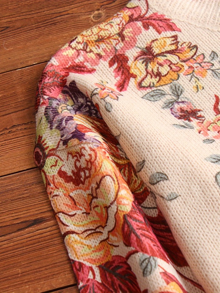 Floral Pattern Long Sleeve Sweater, Casual Crew Neck Drop Shoulder Sweater For Spring & Fall, Women's Clothing