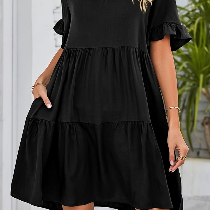 Solid Color V Neck Loose Dress, Cute Ruffle Hem Short Sleeve Babydoll Style Dress, Women's Clothing