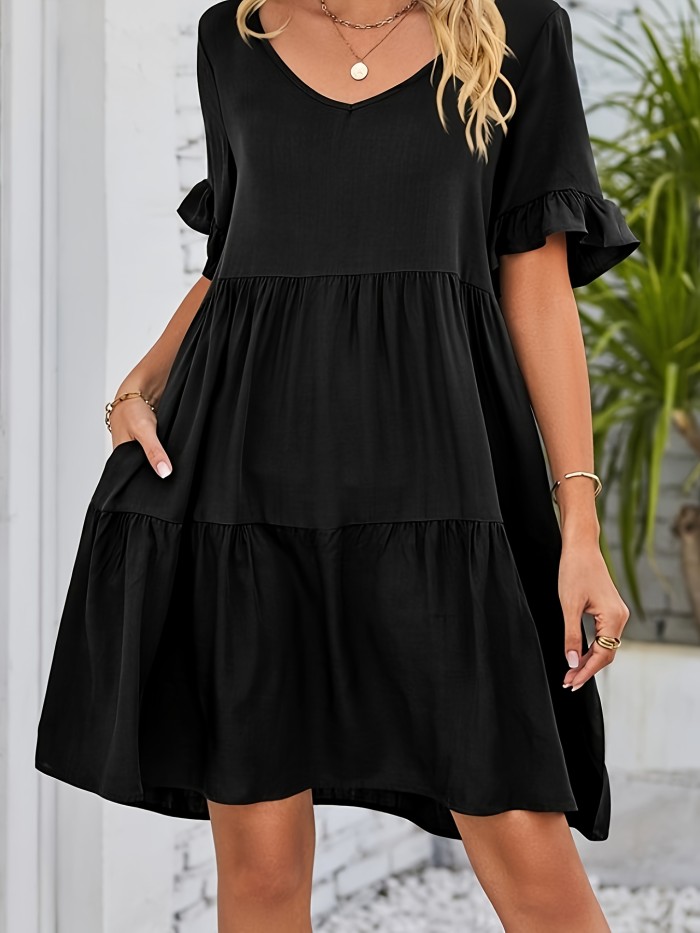 Solid Color V Neck Loose Dress, Cute Ruffle Hem Short Sleeve Babydoll Style Dress, Women's Clothing