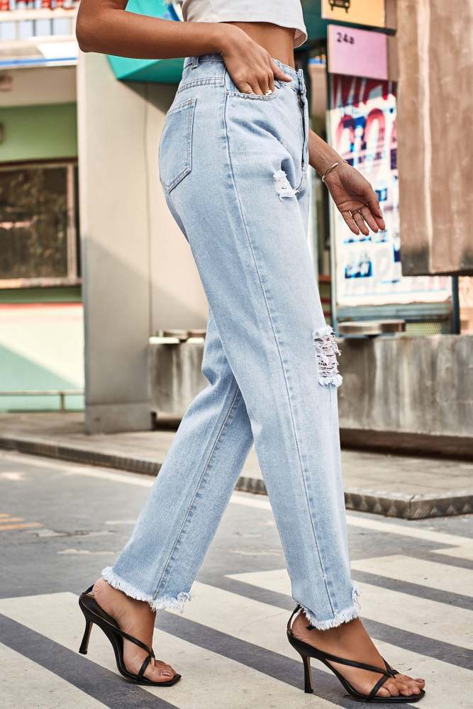 Distressed ripped knees straight jeans