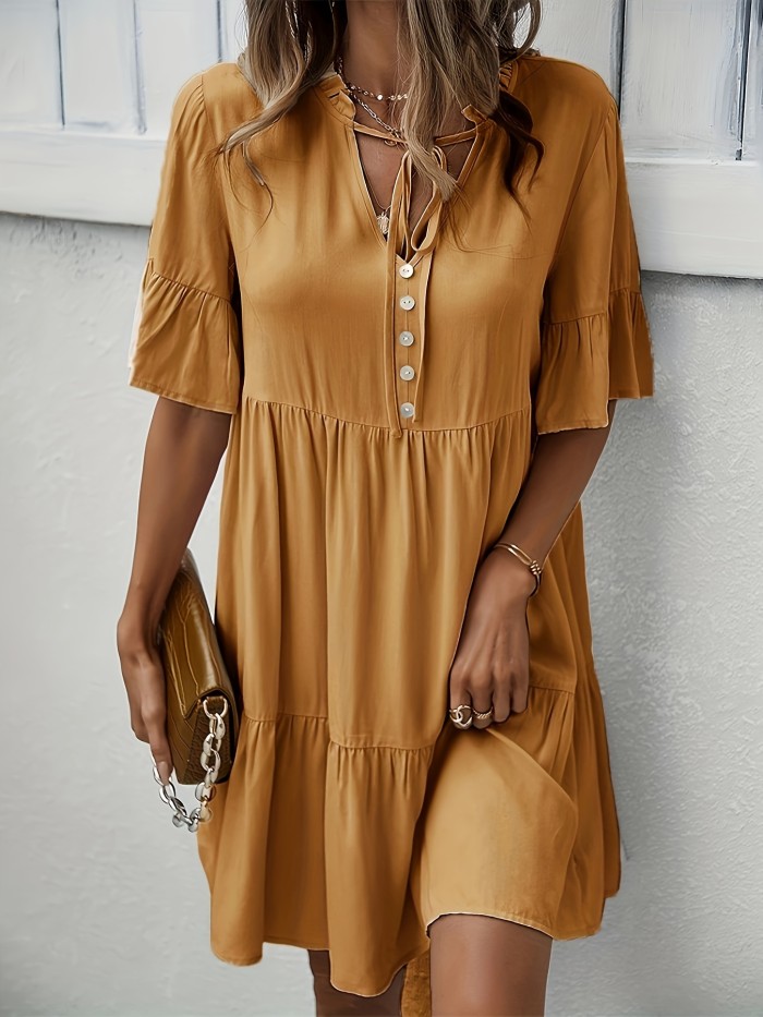 Solid Color Tie Neck Dress, Elegant Short Sleeve Trapeze Dress For Spring & Summer, Women's Clothing