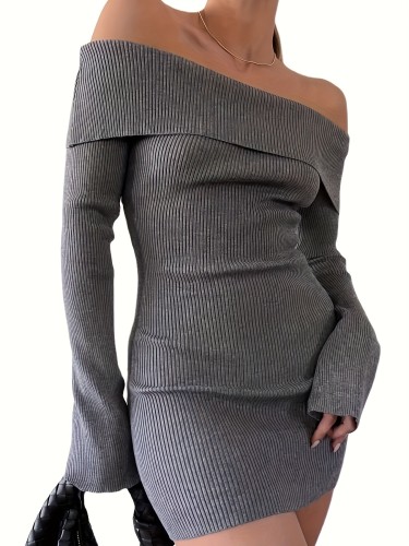 Solid Color Off Shoulder Dress, Elegant Long Sleeve Simple Bodycon Dress For Spring & Fall, Women's Clothing