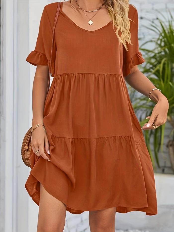 Solid Color V Neck Loose Dress, Cute Ruffle Hem Short Sleeve Babydoll Style Dress, Women's Clothing