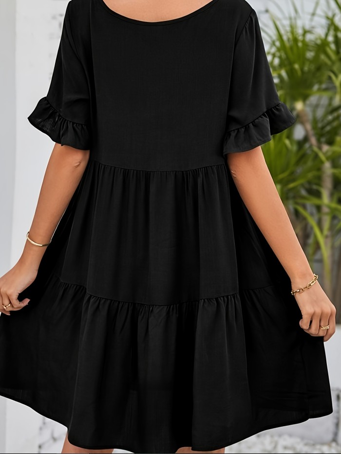 Solid Color V Neck Loose Dress, Cute Ruffle Hem Short Sleeve Babydoll Style Dress, Women's Clothing