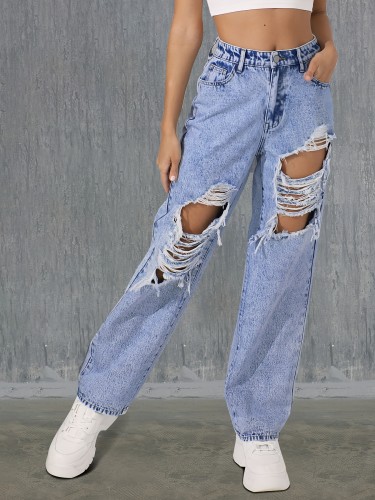 Women's Distressed Denim Jeans, High-Waisted Casual Style, Non-Stretch, Full-Length Pants With Large Ripped Holes, Streetwear Fashion - Blue