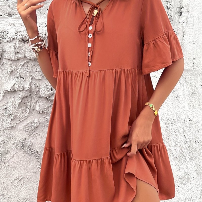 Solid Color Tie Neck Dress, Elegant Short Sleeve Trapeze Dress For Spring & Summer, Women's Clothing