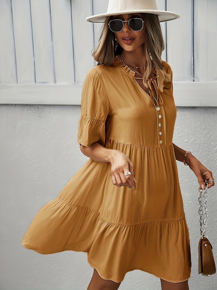 Solid Color Tie Neck Dress, Elegant Short Sleeve Trapeze Dress For Spring & Summer, Women's Clothing