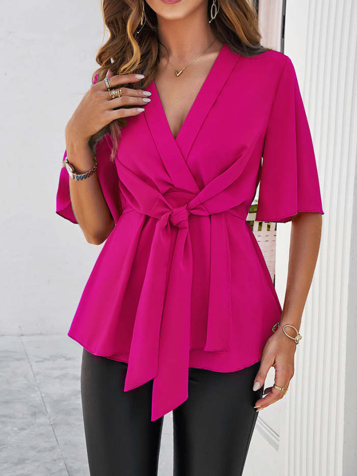 Solid Color Elegant Short-Sleeve Waist-Tied Top