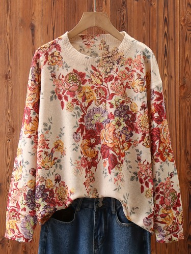Floral Pattern Long Sleeve Sweater, Casual Crew Neck Drop Shoulder Sweater For Spring & Fall, Women's Clothing