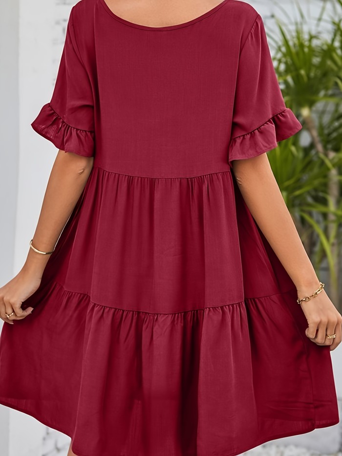 Solid Color V Neck Loose Dress, Cute Ruffle Hem Short Sleeve Babydoll Style Dress, Women's Clothing