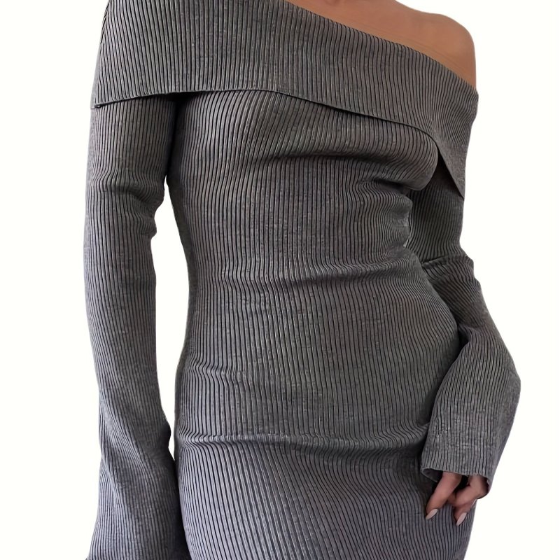 Solid Color Off Shoulder Dress, Elegant Long Sleeve Simple Bodycon Dress For Spring & Fall, Women's Clothing