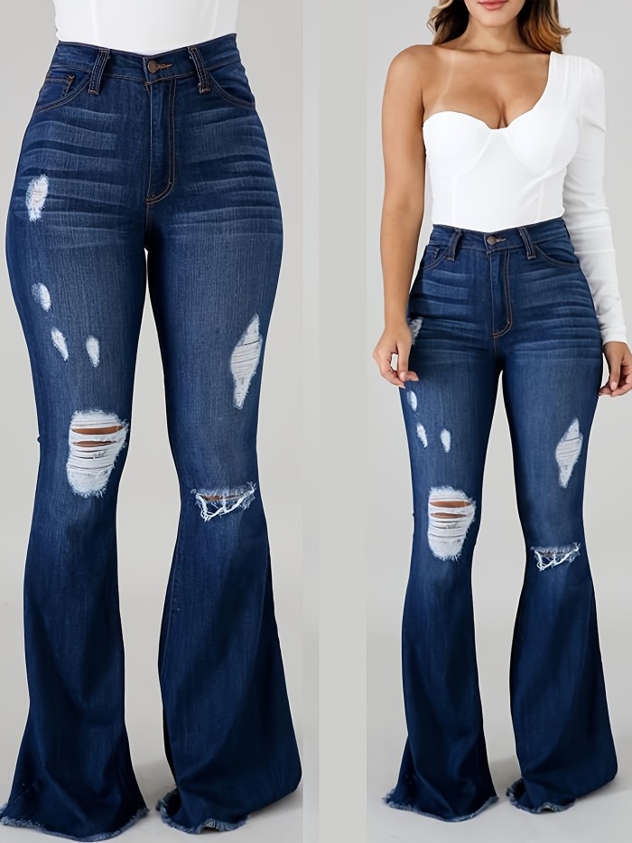 Women's Elastic Waist Flare Hole Rough Side Large Size Jeans High Waist Lift Hip Comfortable Women's Pants