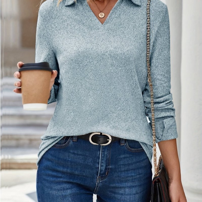 Solid Color V Neck T-Shirt, Elegant Long Sleeve T-Shirt For Spring & Summer, Women's Clothing