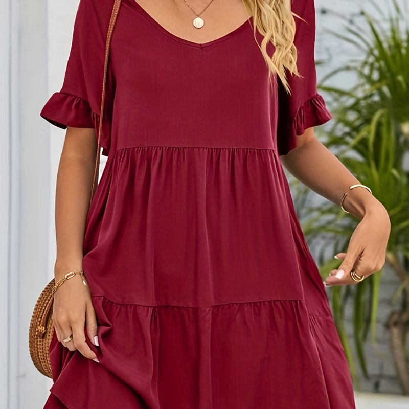 Solid Color V Neck Loose Dress, Cute Ruffle Hem Short Sleeve Babydoll Style Dress, Women's Clothing