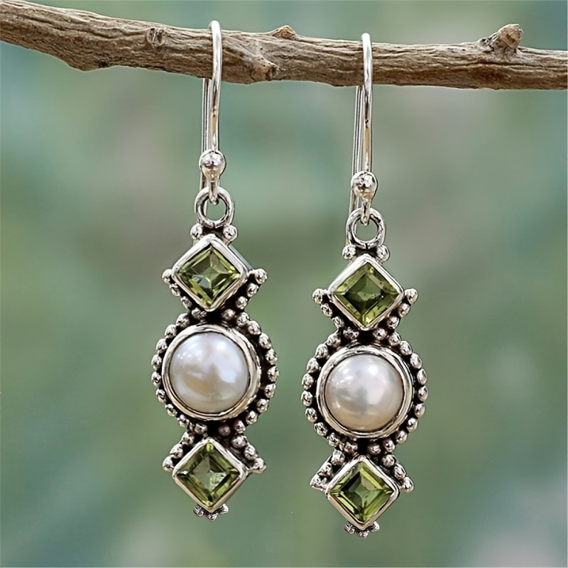 Vintage Irregular Geometric Drop Earrings Inlaid Faux Pearls & Synthetic Gemstones Boho Style Hook Earrings