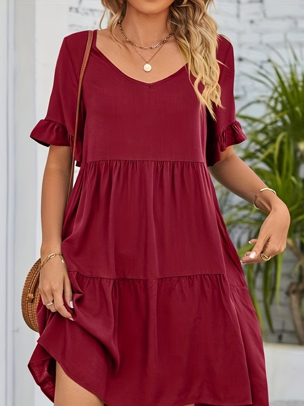 Solid Color V Neck Loose Dress, Cute Ruffle Hem Short Sleeve Babydoll Style Dress, Women's Clothing