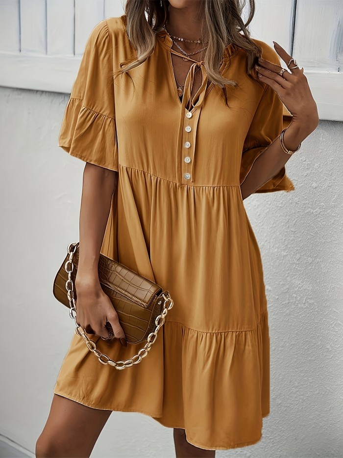 Solid Color Tie Neck Dress, Elegant Short Sleeve Trapeze Dress For Spring & Summer, Women's Clothing