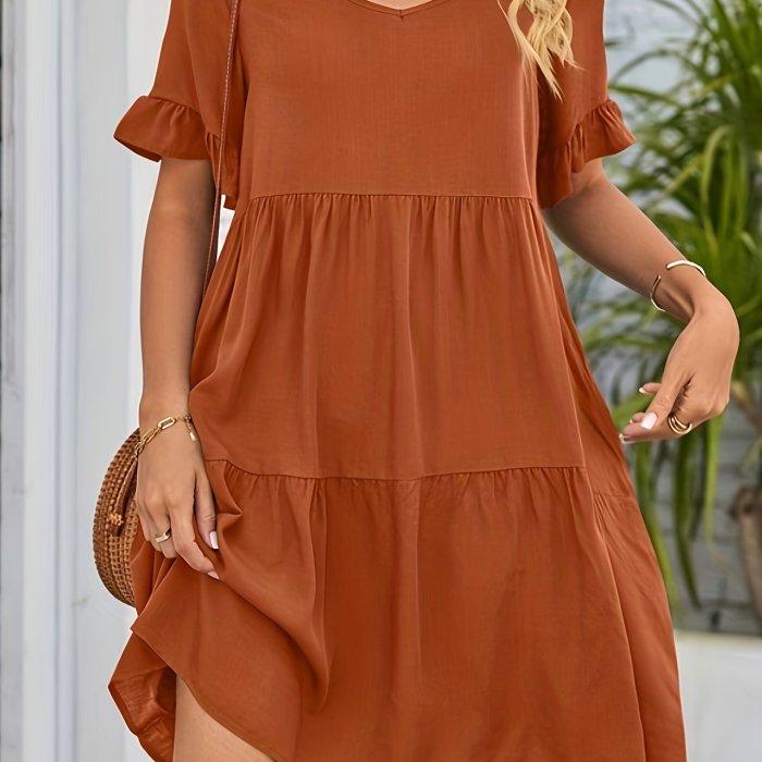 Solid Color V Neck Loose Dress, Cute Ruffle Hem Short Sleeve Babydoll Style Dress, Women's Clothing
