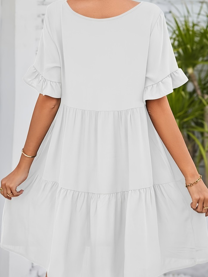 Solid Color V Neck Loose Dress, Cute Ruffle Hem Short Sleeve Babydoll Style Dress, Women's Clothing