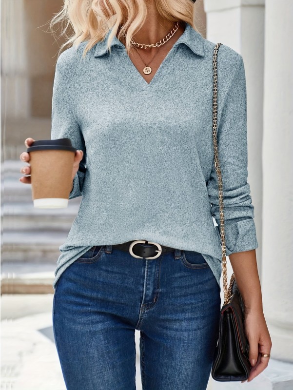 Solid Color V Neck T-Shirt, Elegant Long Sleeve T-Shirt For Spring & Summer, Women's Clothing