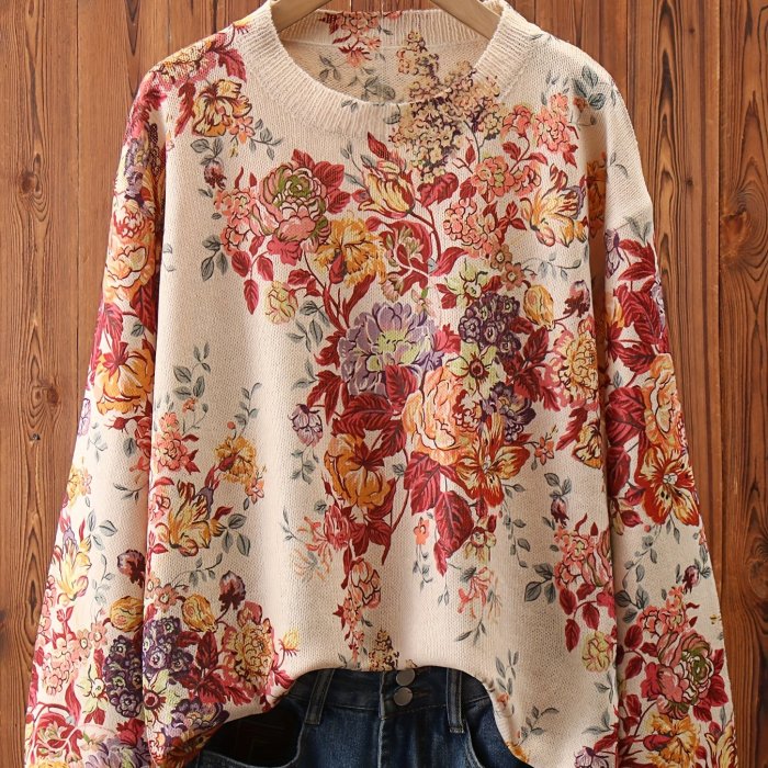 Floral Pattern Long Sleeve Sweater, Casual Crew Neck Drop Shoulder Sweater For Spring & Fall, Women's Clothing