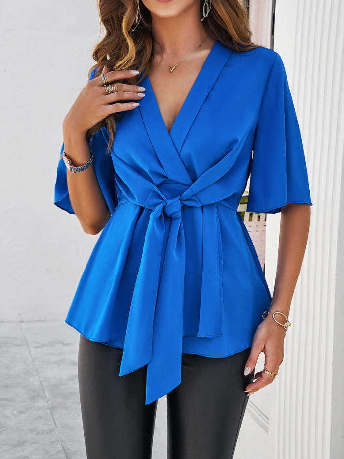 Solid Color Elegant Short-Sleeve Waist-Tied Top