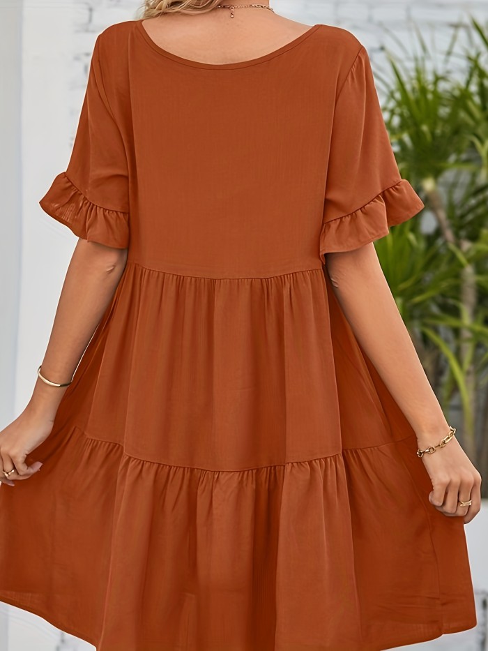 Solid Color V Neck Loose Dress, Cute Ruffle Hem Short Sleeve Babydoll Style Dress, Women's Clothing