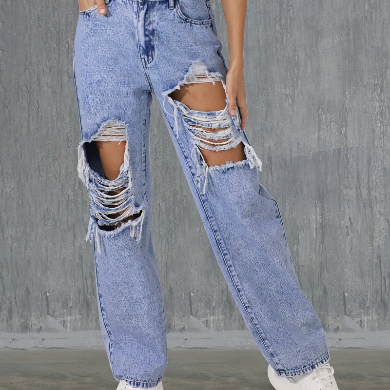 Women's Distressed Denim Jeans, High-Waisted Casual Style, Non-Stretch, Full-Length Pants With Large Ripped Holes, Streetwear Fashion - Blue