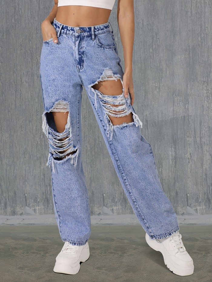 Women's Distressed Denim Jeans, High-Waisted Casual Style, Non-Stretch, Full-Length Pants With Large Ripped Holes, Streetwear Fashion - Blue