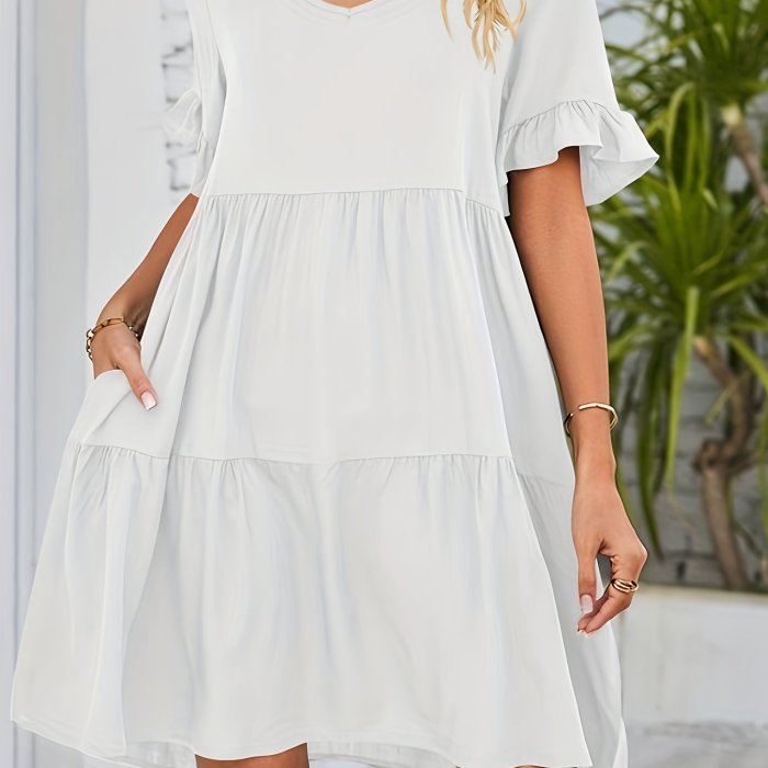 Solid Color V Neck Loose Dress, Cute Ruffle Hem Short Sleeve Babydoll Style Dress, Women's Clothing