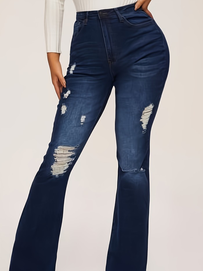 Women's Elastic Waist Flare Hole Rough Side Large Size Jeans High Waist Lift Hip Comfortable Women's Pants