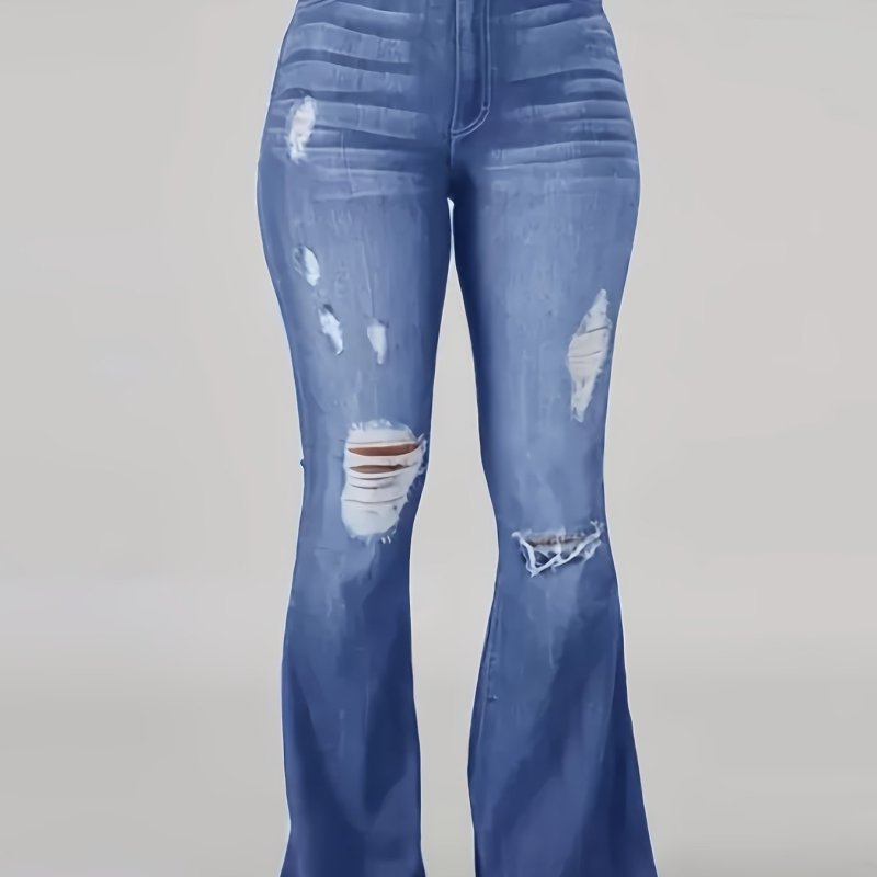 Women's Elastic Waist Flare Hole Rough Side Large Size Jeans High Waist Lift Hip Comfortable Women's Pants