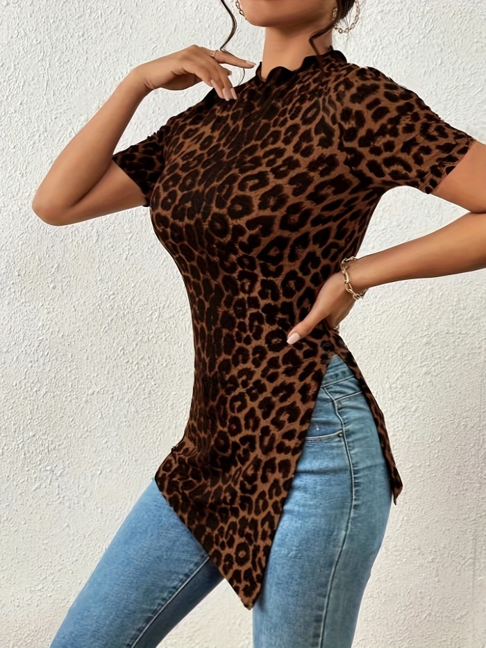 Leopard Print Crew Neck T-shirt, Elegant Long Sleeve Split Top For Spring & Fall, Women's Clothing