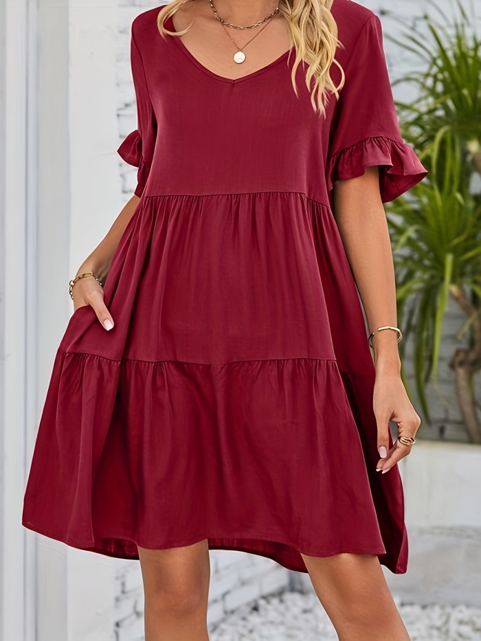 Solid Color V Neck Loose Dress, Cute Ruffle Hem Short Sleeve Babydoll Style Dress, Women's Clothing