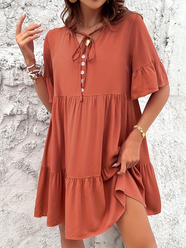 Solid Color Tie Neck Dress, Elegant Short Sleeve Trapeze Dress For Spring & Summer, Women's Clothing