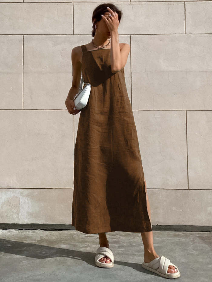 Cotton and Linen Loose Slit Suspender Dress