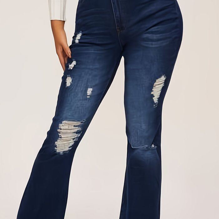 Women's Elastic Waist Flare Hole Rough Side Large Size Jeans High Waist Lift Hip Comfortable Women's Pants