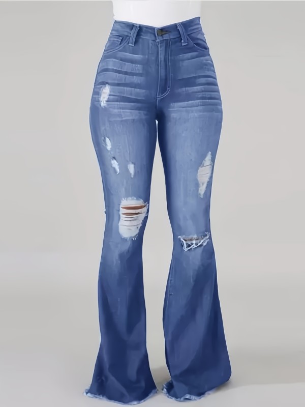 Women's Elastic Waist Flare Hole Rough Side Large Size Jeans High Waist Lift Hip Comfortable Women's Pants
