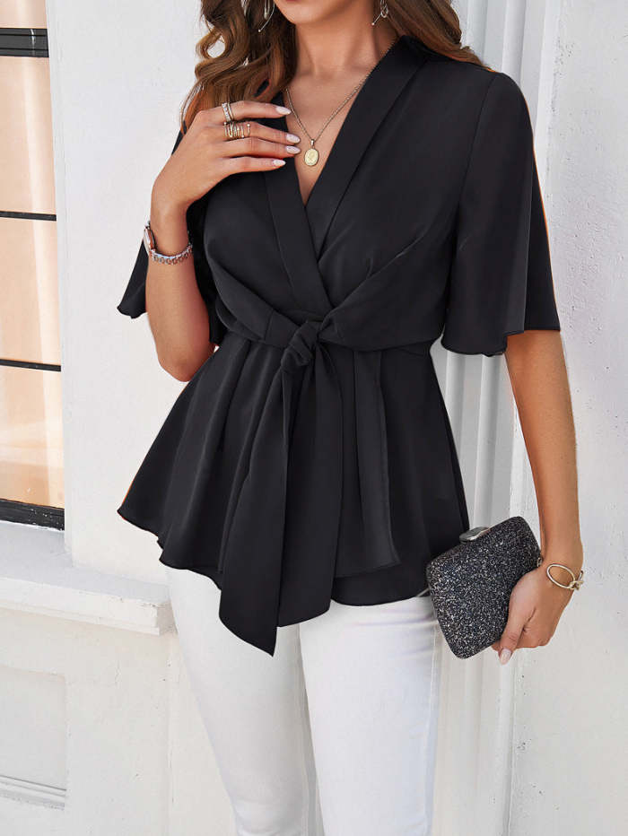 Solid Color Elegant Short-Sleeve Waist-Tied Top
