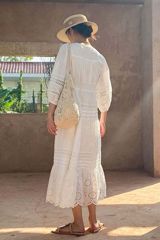 White Intricately Embroidered Lantern sleeve Dress